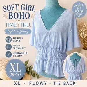 Time and Tru Blue Peplum Blouse Womens XL Flowy Tie Back Top Boho